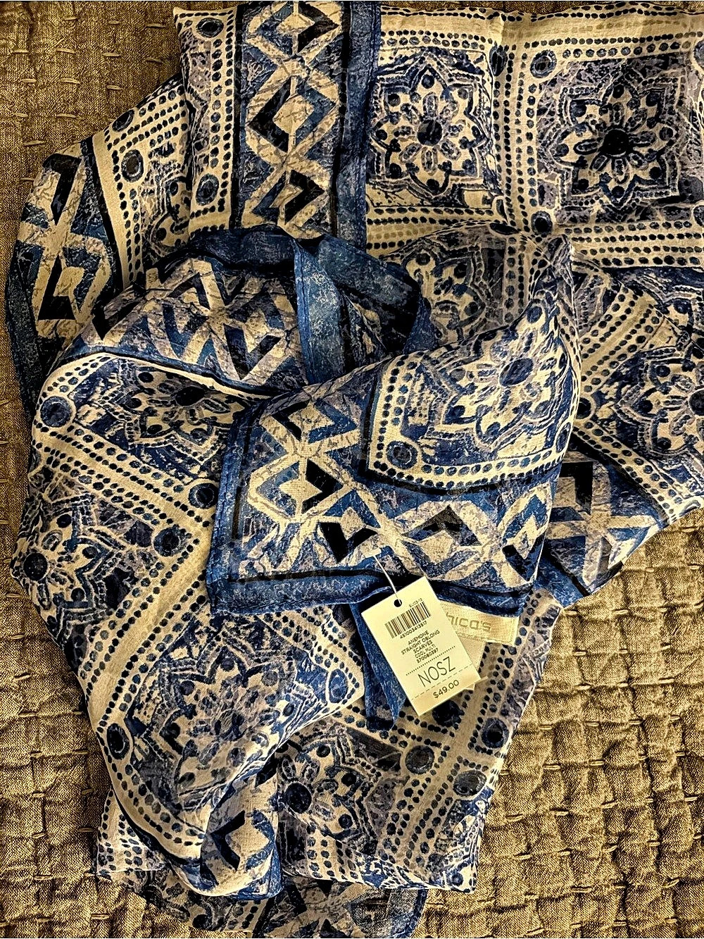 Chico's Silk Amentone Bright Oblong Scarves Geometric Scarf in Blue & Cream NWT